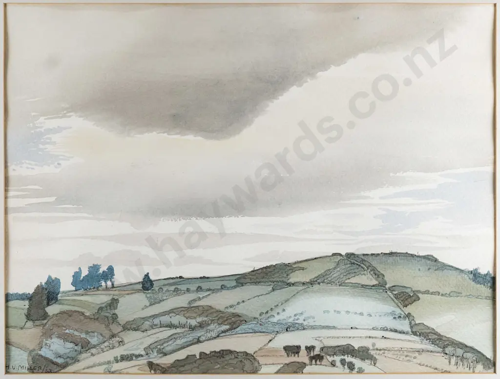 HV Miller - framed ink and watercolour "Clouds Over Hill Top" H-270 W-360 Image 1++