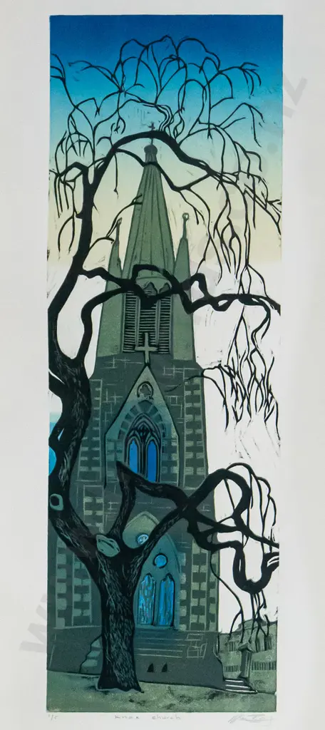 Manu Berry - framed woodcut print 1/5 "Knox Church" H-550 W-190 Image 1++