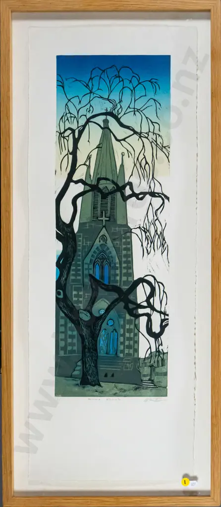 Manu Berry - framed woodcut print 1/5 "Knox Church" H-550 W-190 Image 1++