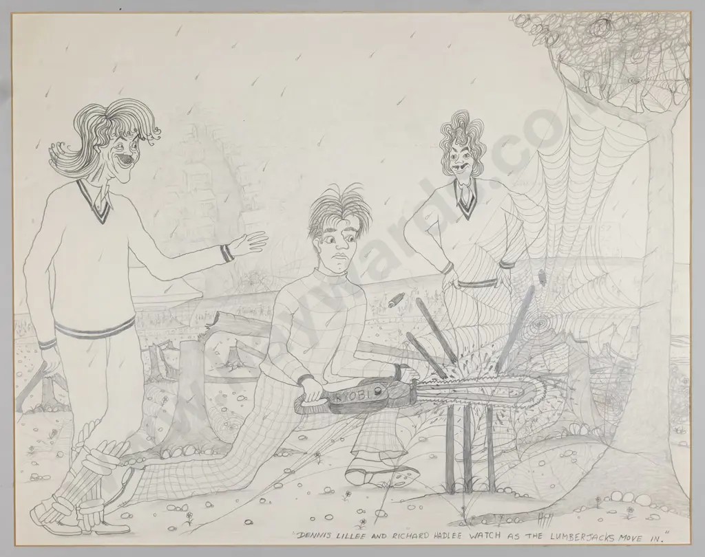 Ivan Hill - mounted pencil "Dennis Lillee and Richard Hadlee watch as the lumberjacks move in"  H-490 W-630H Image 1++