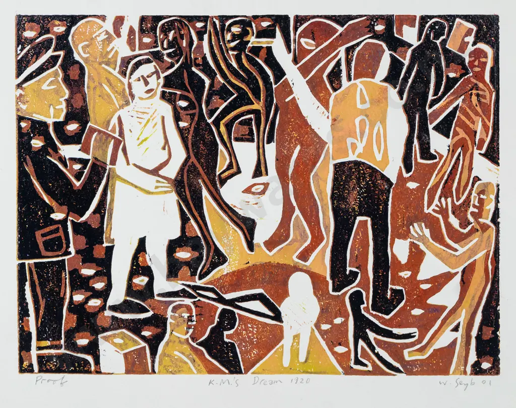 Wayne Seyb 2001 - mounted woodcut print  "KM's Dream 1920" (Katherine Mansfield" H-310 W-410 Image 1++