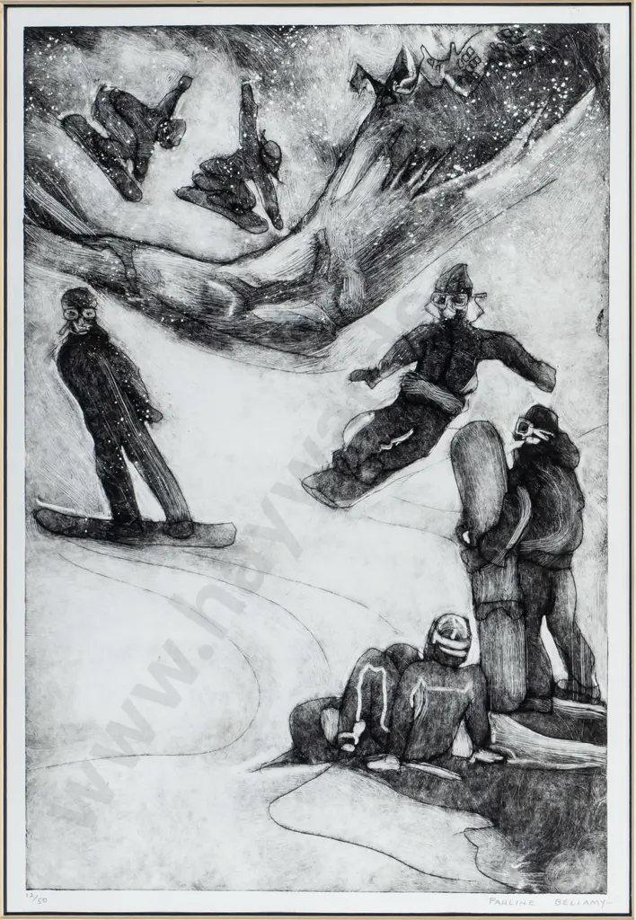 Pauline Bellamy - framed etchings 12/50 - Snow Boarders H-400 W-280 (frame needs attention) Image 1++