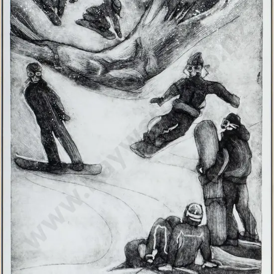 Pauline Bellamy - framed etchings 12/50 - Snow Boarders H-400 W-280 (frame needs attention)