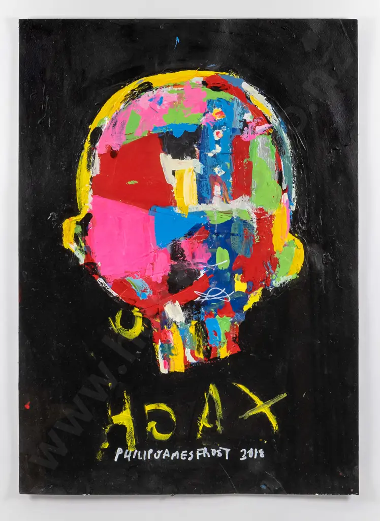 Philip James Frost 2018 - framed acrylic and mixed media on paper "Hoax" H-940 W-730 Image 1++