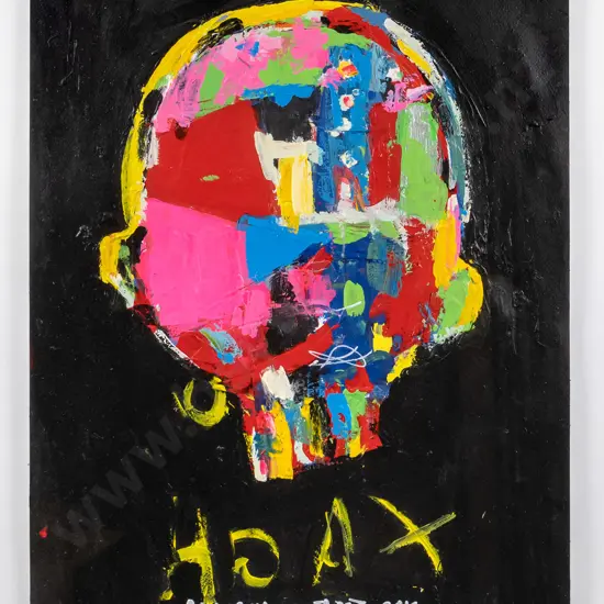 Philip James Frost 2018 - framed acrylic and mixed media on paper "Hoax" H-940 W-730