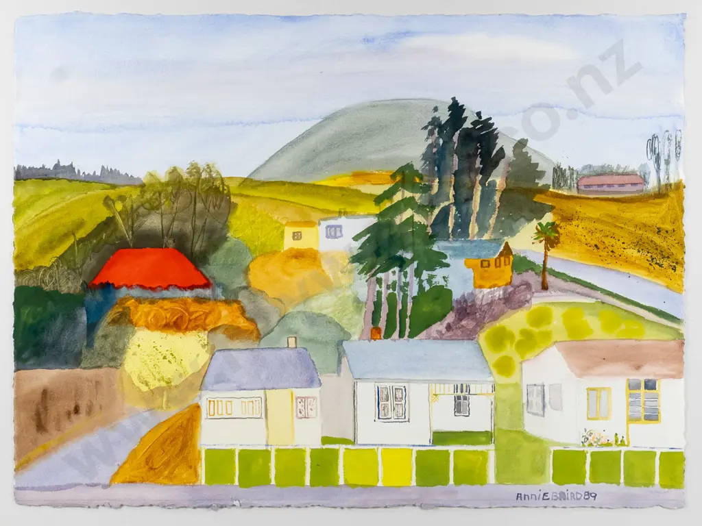 Annie Baird '89 - framed watercolour - houses and landscape H-560 W-760 Image 1++