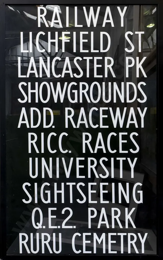 framed Christchurch bus blind - from Railway Station to Ruru Cemetery H-1480 W-860 Image 1++