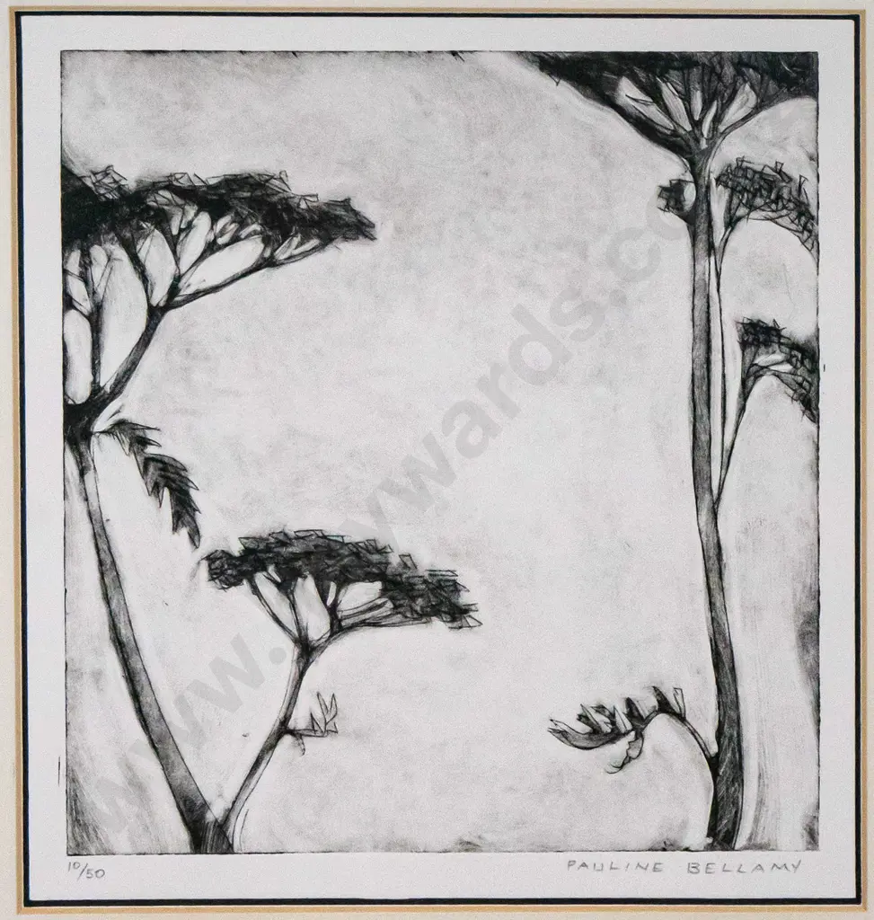Pauline Bellamy - framed etching 10/50 - trees H-200 W-200 Image 1++