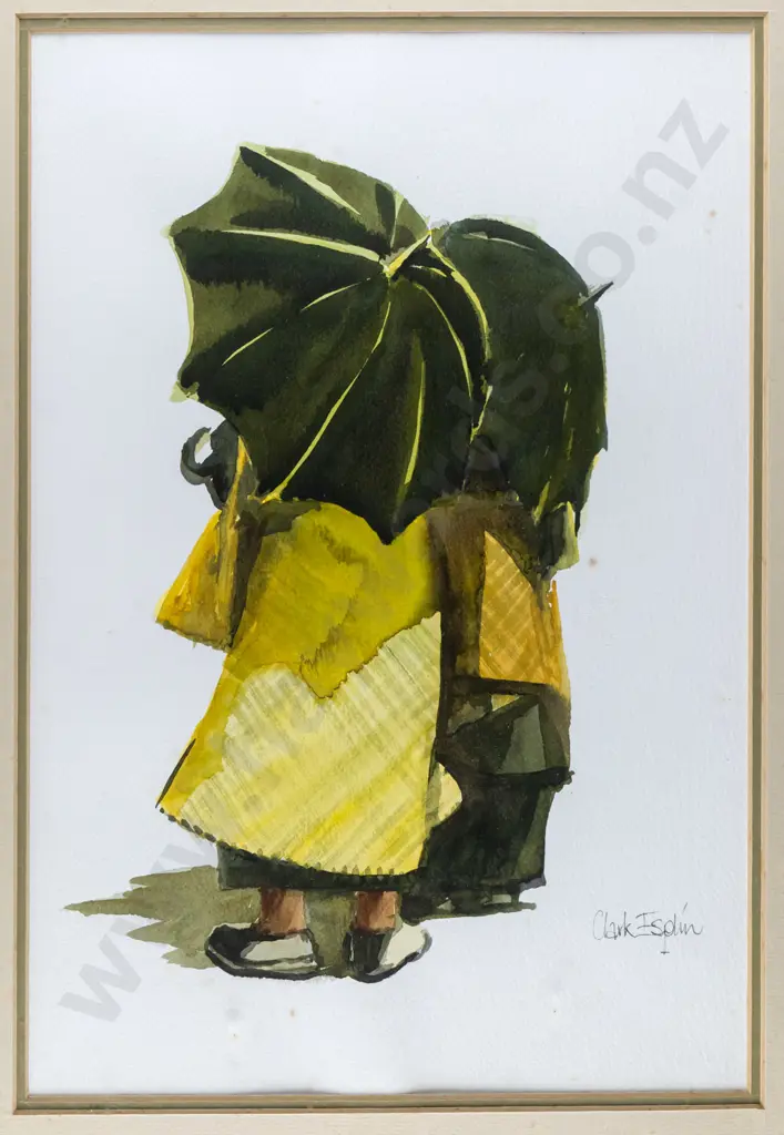 Clark Esplin - framed watercolour - people under umbrellas H-370 W-260 (slight foxing) Image 1++