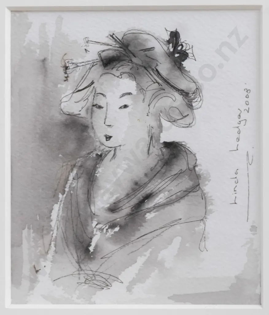 Linda Ledger 2008 - framed pen and wash "Japanese Series 3" H-130 W-120 Image 1++