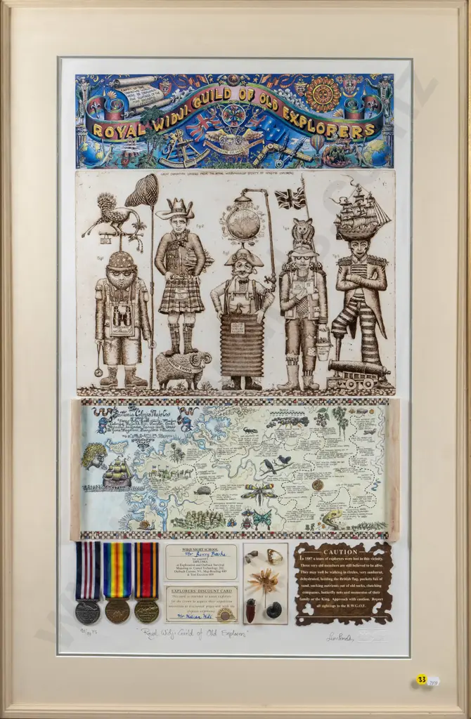 illegible signature - framed mixed media 90/99 "Royal Widji Guild of Old Explorers" H-750 W-430 Image 1++
