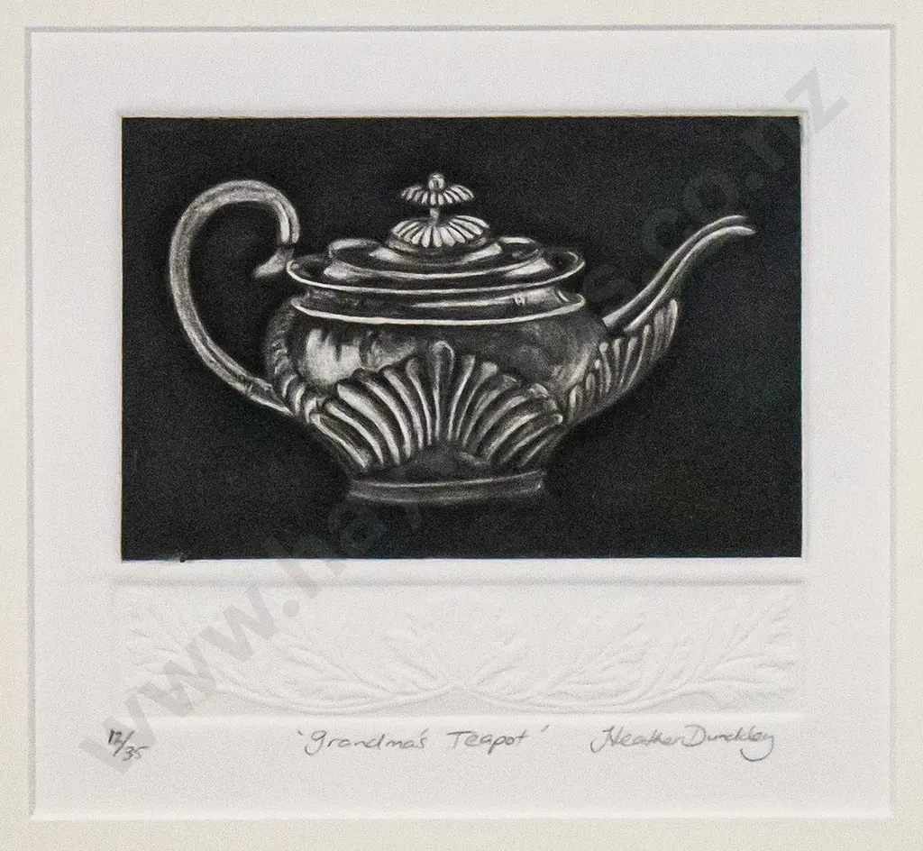 Heather Dunckley - framed embossed etching 12/35 "Grandma's Teapot" H- W- Image 1++