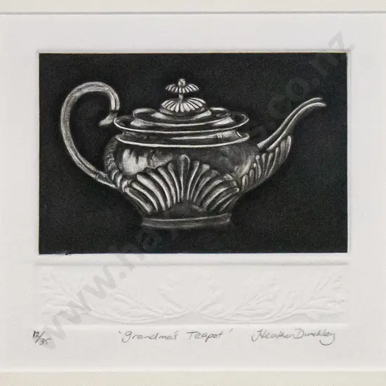 Heather Dunckley - framed embossed etching 12/35 "Grandma's Teapot" H- W-
