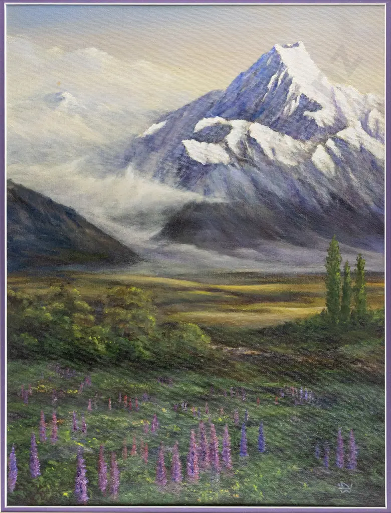Dudley Waters - framed oil "Mt Cook and Wild Lupins" H-450 W-340 Image 1++