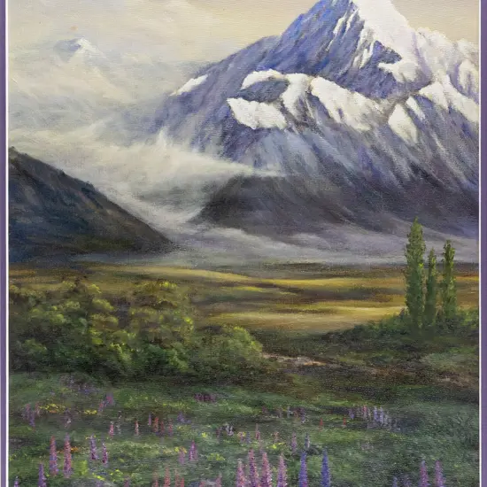 Dudley Waters - framed oil "Mt Cook and Wild Lupins" H-450 W-340