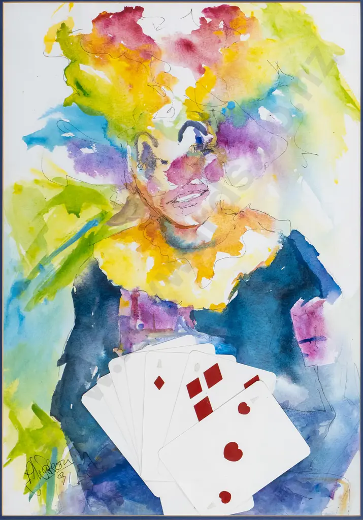 Angus Watson '91 - mixed media - clown and cards H-550 W-390 Image 1++