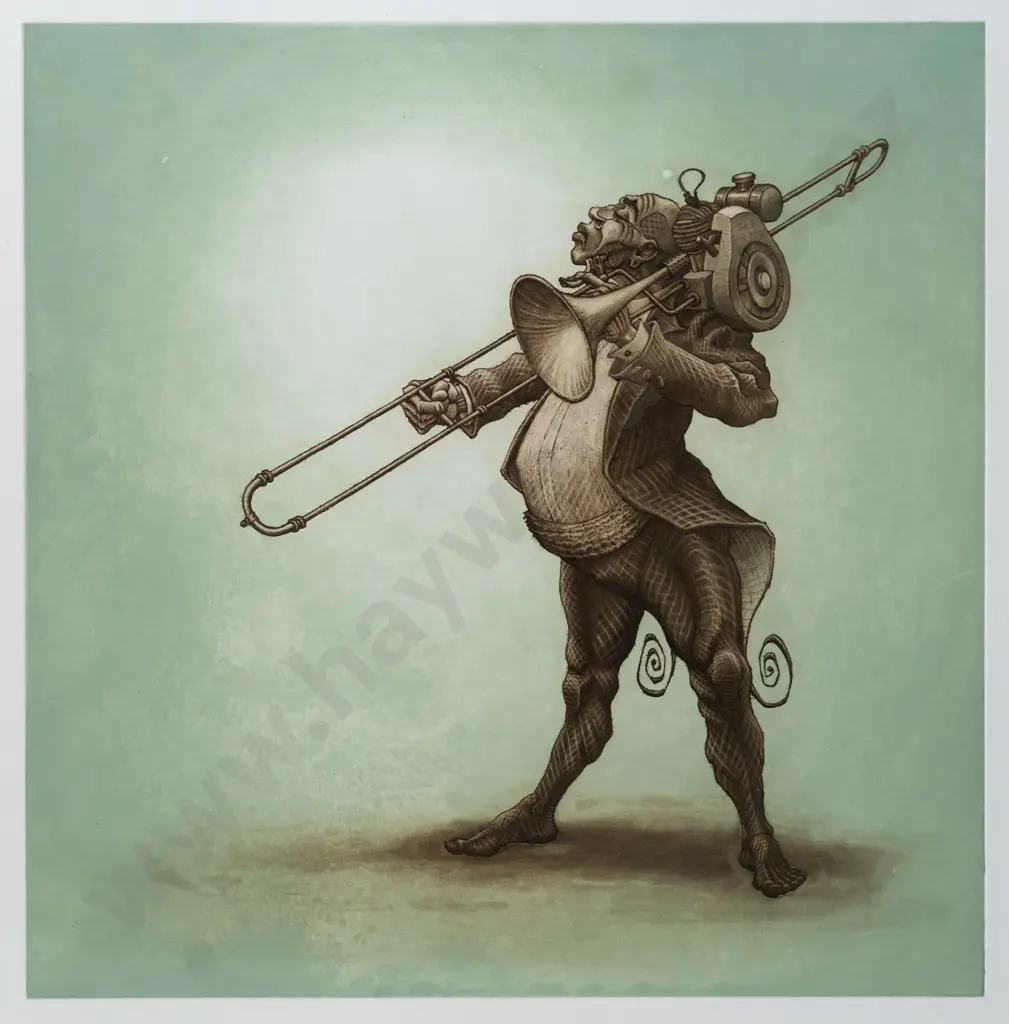 Kelvin Mann 2005 - framed etching 4/50 "Two-Stroke Trombone" H-330 W-330 Image 1++