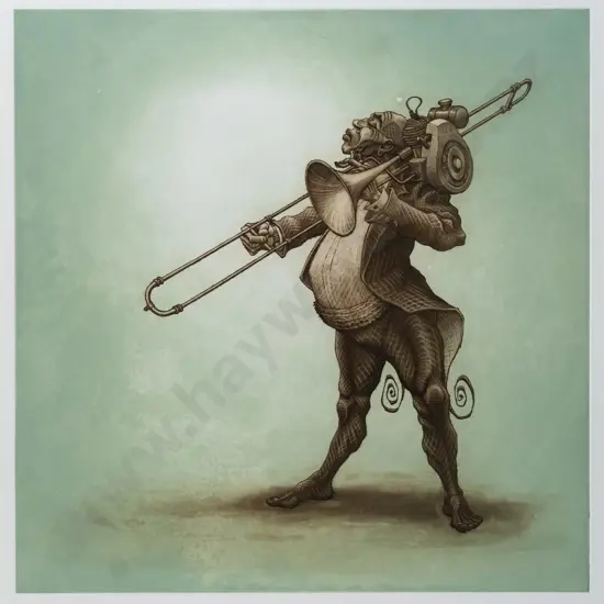 Kelvin Mann 2005 - framed etching 4/50 "Two-Stroke Trombone" H-330 W-330