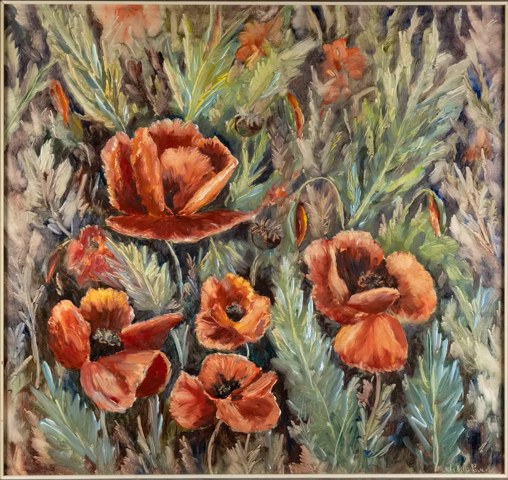 Hilda Rivers - framed oil - poppies H-450 W-480 Image 1++