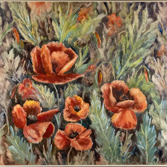 Hilda Rivers - framed oil - poppies H-450 W-480