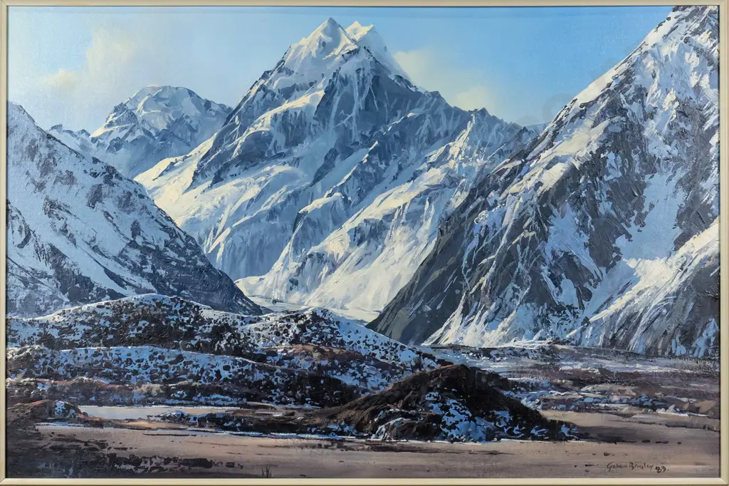 Graham Brinsley '83 - framed oil "Mt Cook" H-590 W-900 (frame needs slight attention) Image 1++