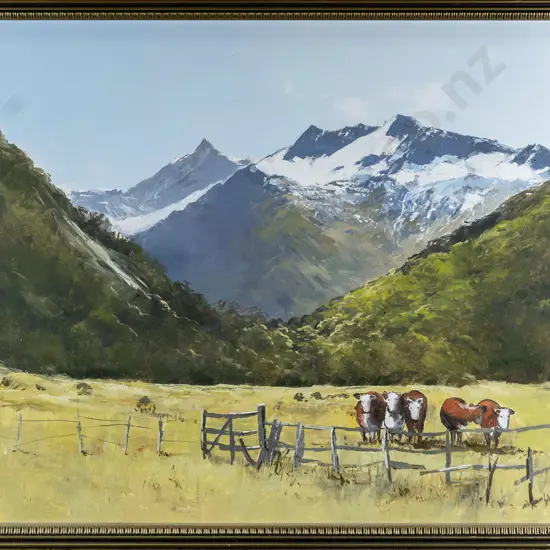 Denis Kent - framed oil "East Matukituki Valley, Mt Aspiring Station" H-340 W-460