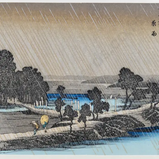 framed  Japanese woodblock print "Night Rain at Azuma Shrine" H-160 W-220