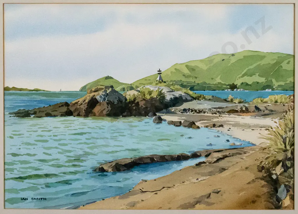 Ian Smith - framed watercolour "Wellers Rock - Otago Harbour" H-240 W-340 Image 1++