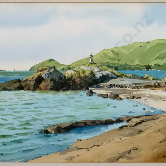 Ian Smith - framed watercolour "Wellers Rock - Otago Harbour" H-240 W-340