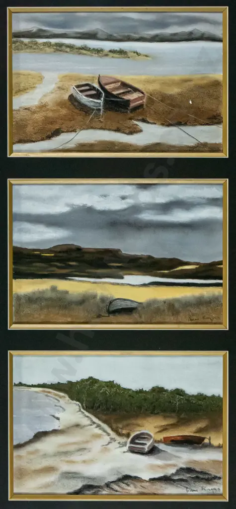 illegible mixed media  - framed pastel triptych - various dinghies H-650 W-290 Image 1++