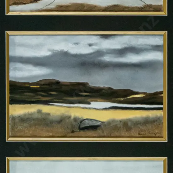 illegible mixed media  - framed pastel triptych - various dinghies H-650 W-290