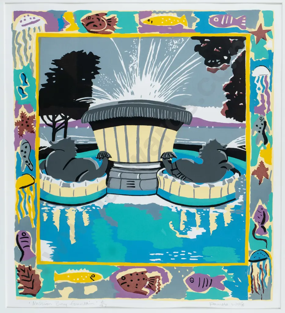 Pamela Wolfe - framed screenprint 2/47 "Mission Bay Fountain" H-450 W-410 Image 1++