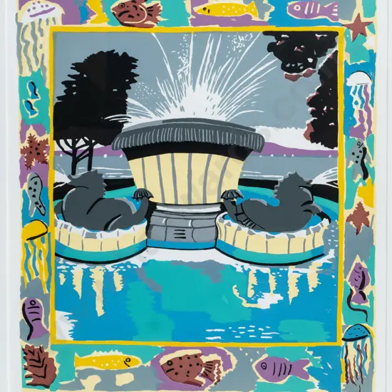 Pamela Wolfe - framed screenprint 2/47 "Mission Bay Fountain" H-450 W-410