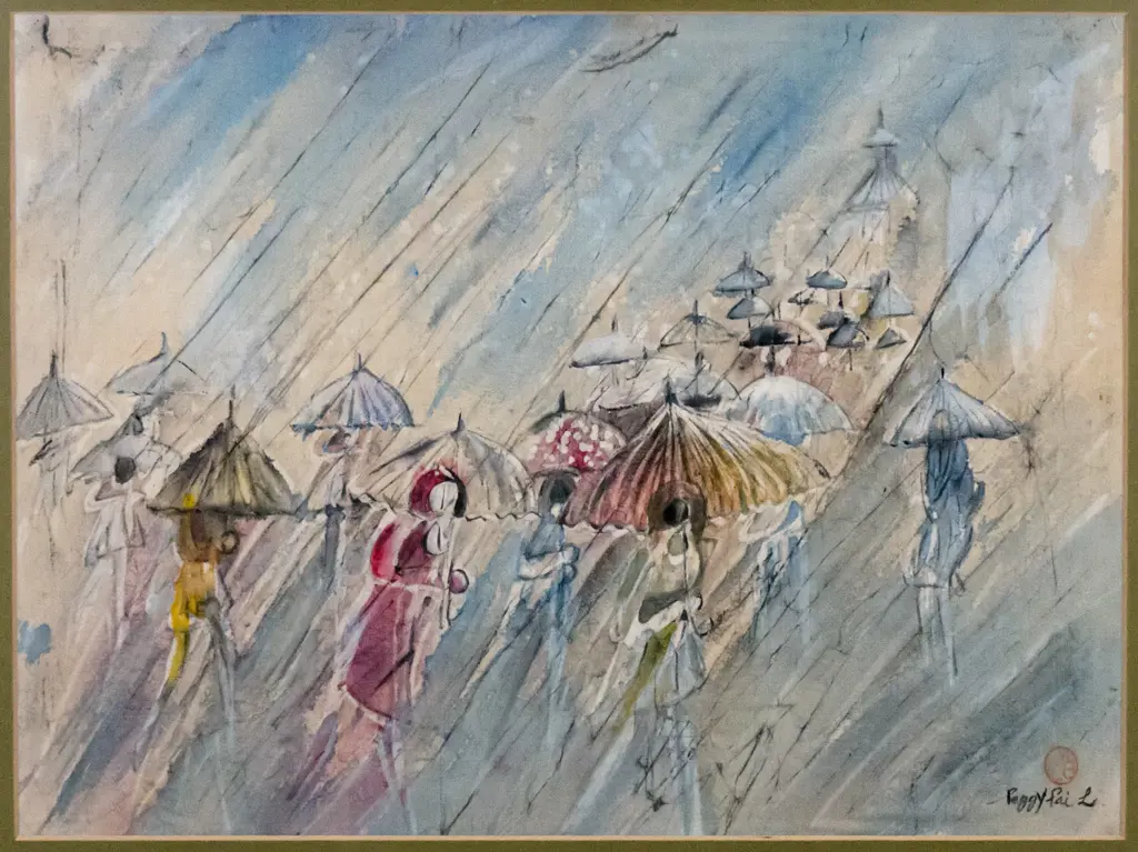 Peggy Pai L - framed watercolour - umbrellas in the rain H-310 W-410 Image 1++
