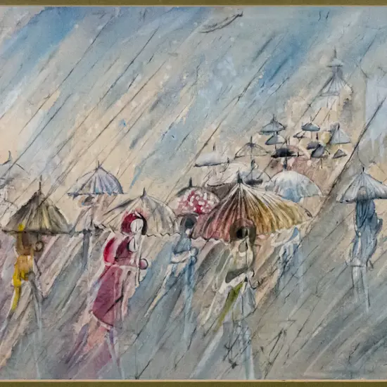 Peggy Pai L - framed watercolour - umbrellas in the rain H-310 W-410