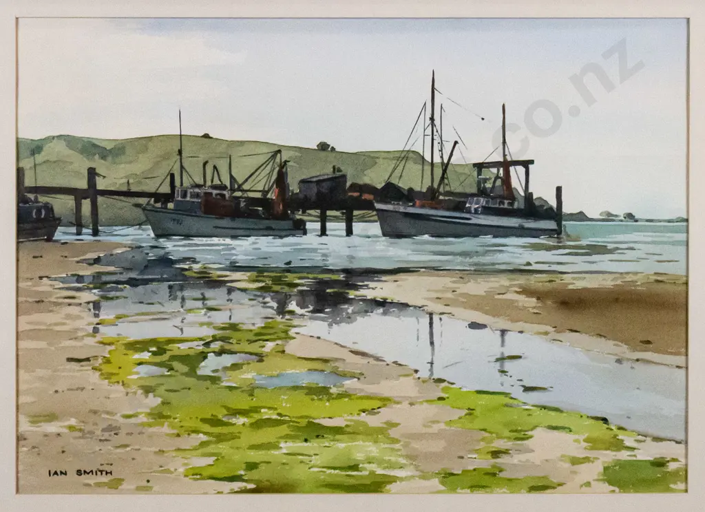 Ian Smith - framed watercolour "Wellers Rock - Otakou III" H-240 W-340 Image 1++