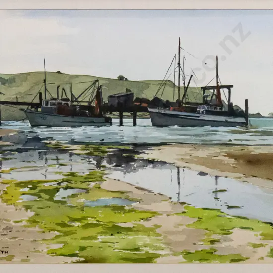 Ian Smith - framed watercolour "Wellers Rock - Otakou III" H-240 W-340