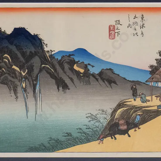 Hiroshige framed Japanese woodblock print - country tea shop H-150 W-230