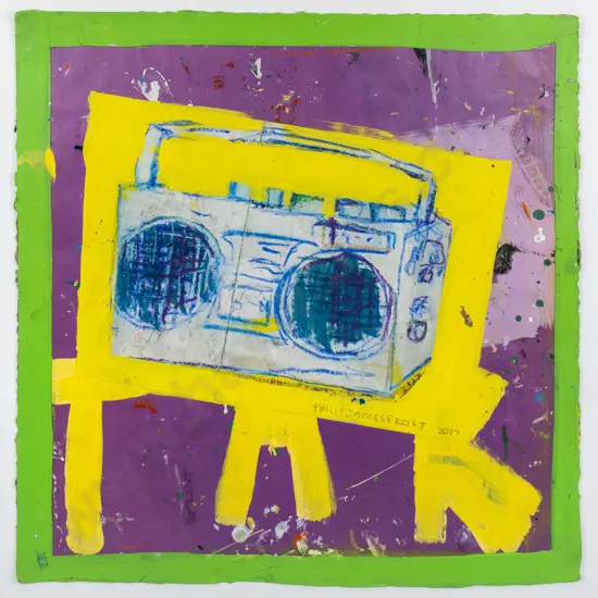 Philip James Frost 2017 - framed mixed media - portable radio H-570 W-550
