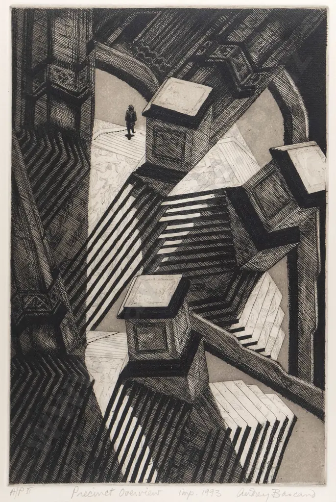 Audrey Bascand '93 - framed etching A/P II "Precinct Overview" H-280 W-190 Image 1++