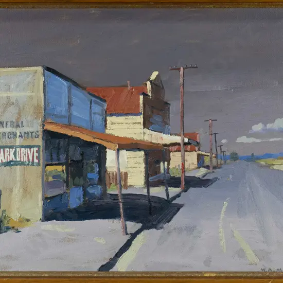 W A MacCormick '1992 -framed oil "Main Street Manakau" H-275 W-380