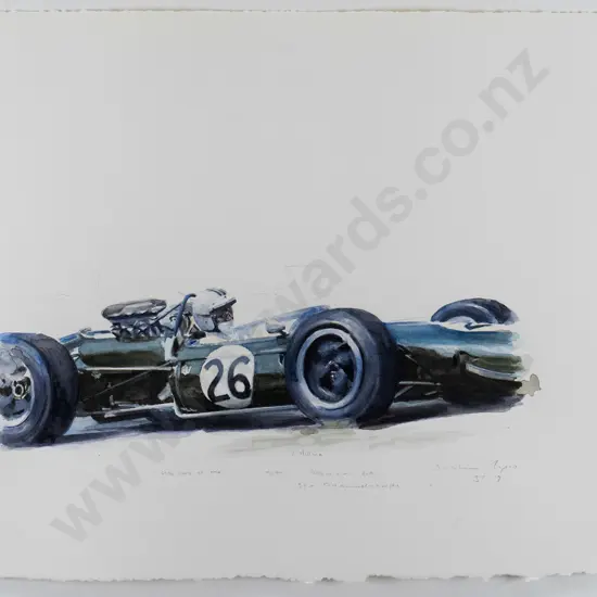 Greg Lewis - framed watercolour "Denny Hulme' H-280 W-360