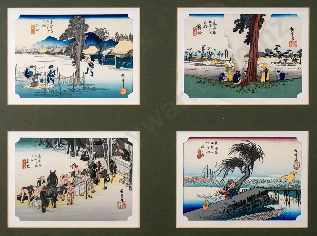 framed set of 4 Japanese woodblock prints - various scenes Overall H-340 W-460 Image 1++