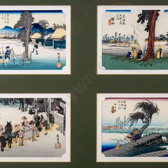 framed set of 4 Japanese woodblock prints - various scenes Overall H-340 W-460
