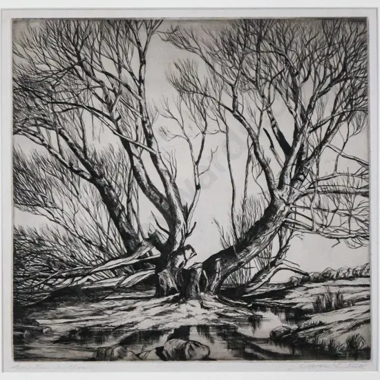 AH McLintock - framed etching "Winter Willows" H-240 W-250