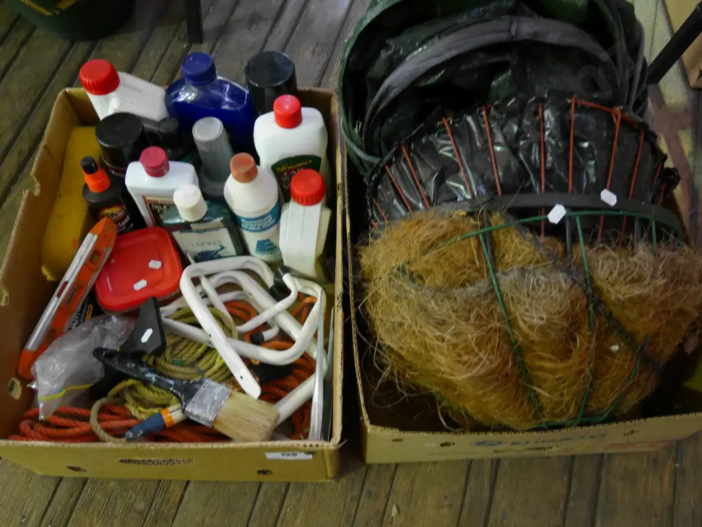 2 boxes; hanging baskets, garden waste bag, car cleaning products, ropes etc - black dots Image 1++