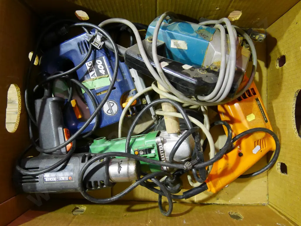 box of corded power tools; drill, jig saws, angle grinder etc Image 1++
