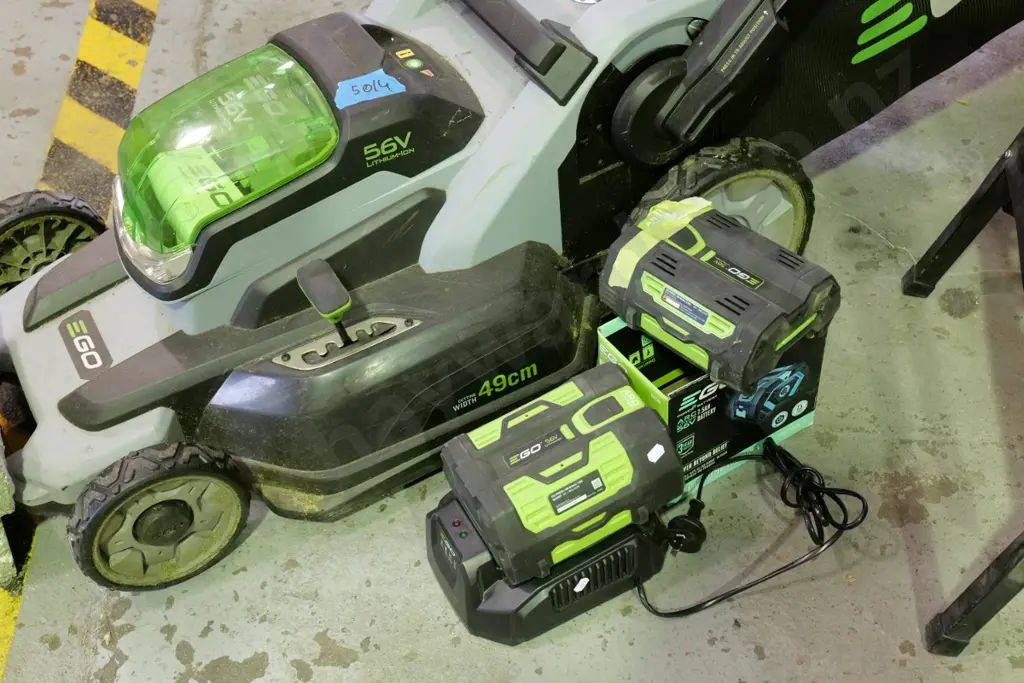 Ego 56V lithium-ion lawn mower with ear muffs, charger, 2 batteries Image 1++