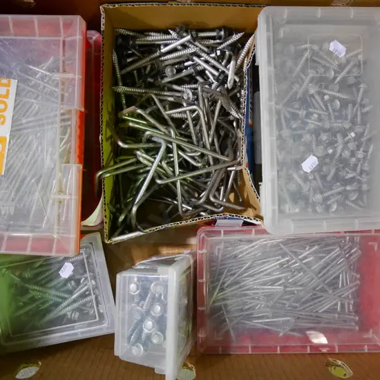 box of fasteners; coat screws, nails, Z dogs