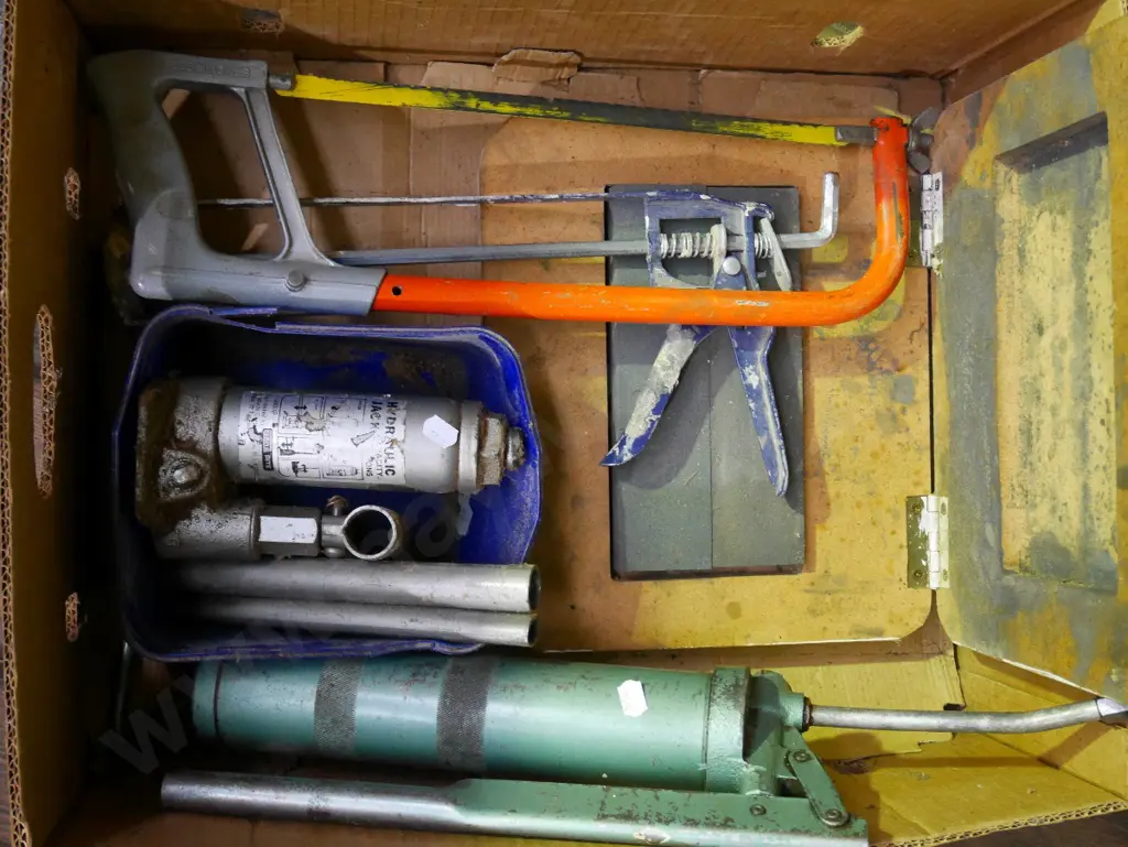 box; grease gun, bottle jack, sharpening stones etc Image 1++